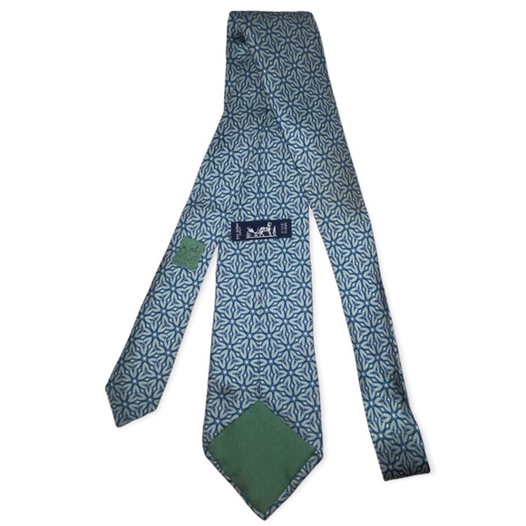 HERMÈS Silk Necktie 60” Extra Long 7937 MA Blue Green Geometric Floral Design - Picture 3 of 8